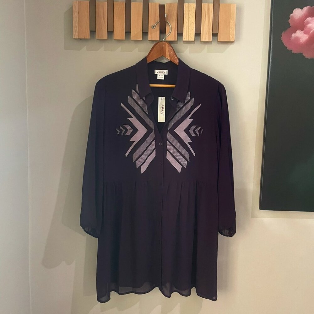 Ariat NWT Plum Western Embroidered Sheer Tunic